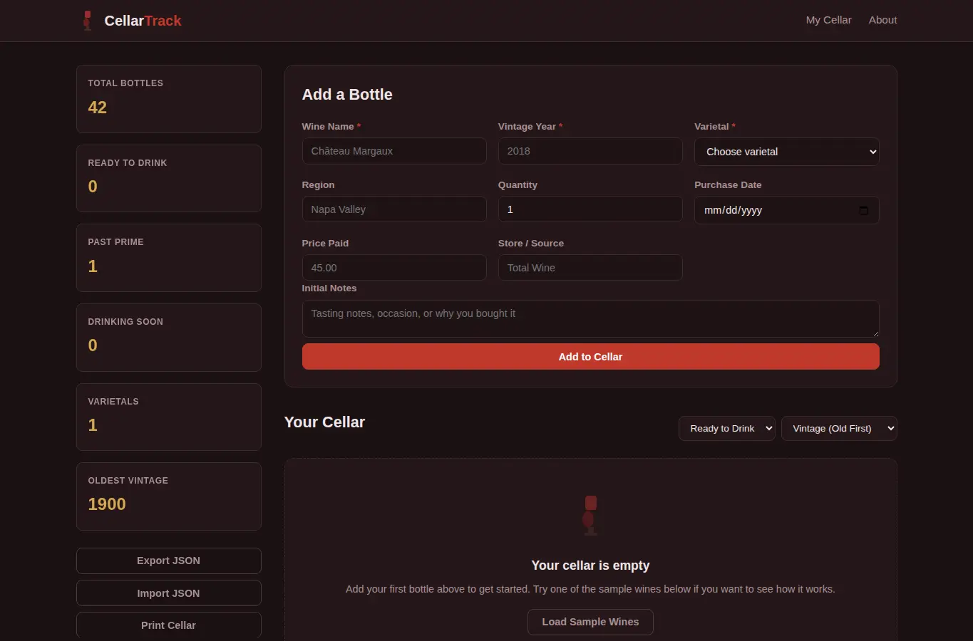 Screenshot of Wine Cellar Inventory interface showing the project page in use